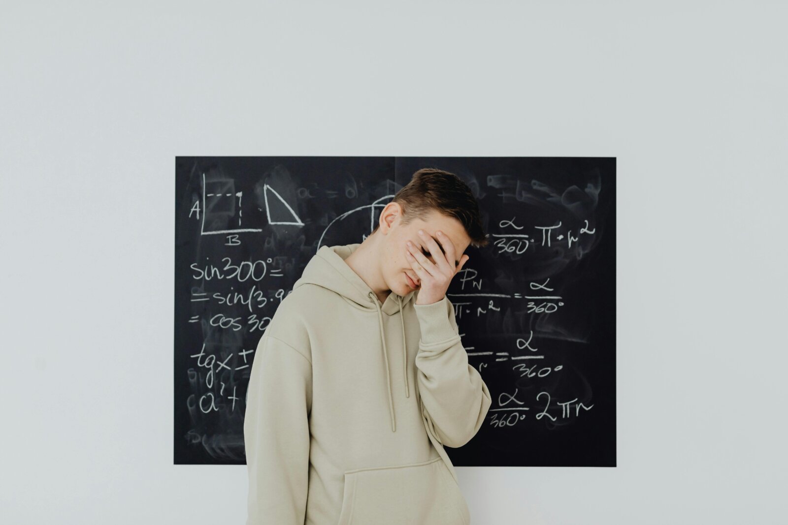Student in beige hoodie covering face with hand while standing in front of blackboard filled with mathematical equations.